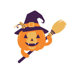 Cute cartoon jack-o'-lantern wearing a witch hat and holding a broomstick for Halloween