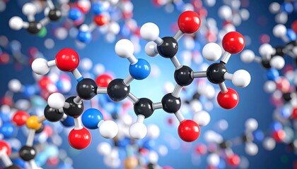 3D model of molecules.  Colorful spheres forming a complex structure against a blurred blue background