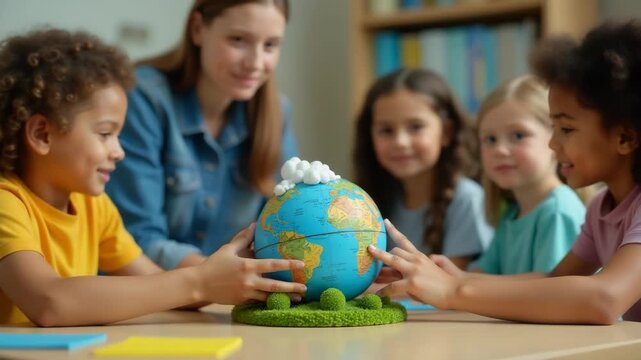 Group of kids studying geography, surrounded by world map