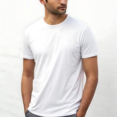 A man in a white t shirt with hands in his pockets looking to the side against a white background space