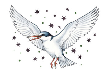 Obraz premium The bird in flight presents an artistic interpretation of freedom and movement on a stage surrounded by black stars and green dots. Isolated on a transparent floor.