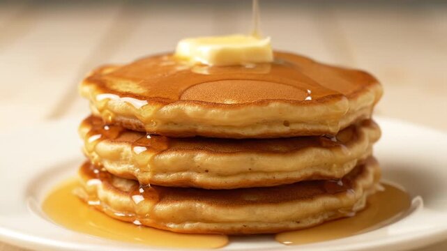 Buttery Pancakes with Syrup - A stack of three golden-brown pancakes topped with a pat of butter and drizzled with syrup sits on a white plate.