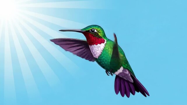 Colorful hummingbird soars, with sun rays shining on a clear blue background
