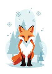 Obraz premium Vibrant red fox illustration, nestled in a serene winter forest setting with minimalist trees and delicate snow