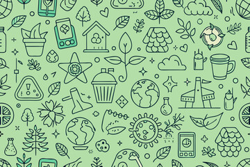 Vibrant Eco-Friendly Pattern Celebrating Nature and Sustainability with Earth, Plants, and Recycling Symbols, Perfect for Green Initiatives and Organic Brands