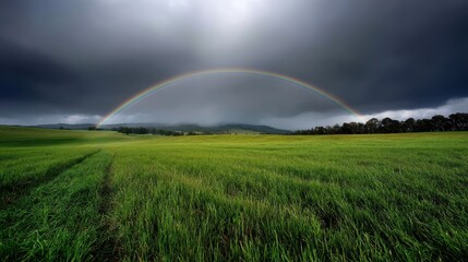 Fototapeta premium Bright rainbow after rain with sun shining on fields