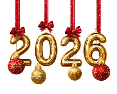 2026, gold numbers, red ribbon and christmas ornaments, transparent background, clipart style