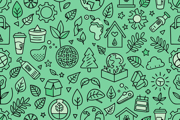 Vibrant eco-friendly pattern bursting with sustainability symbols like leaves, globes, trees, and recycling icons, perfect for green initiatives and earth-conscious branding.