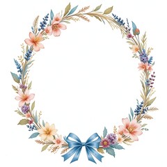 Obraz premium Hand-painted watercolor floral oval wreath with blue-ribbon.