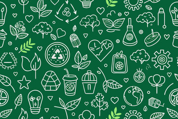 Vibrant eco-friendly doodle pattern showcasing sustainability symbols, renewable energy, and nature elements for green initiatives and environmental awareness campaigns