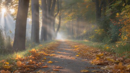 Obraz premium Autumn Forest Path With Sun Rays And Fallen Leaves.