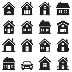 Collection of black and white silhouette icons representing various styles of houses and a car