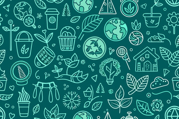 Eco-Friendly Seamless Pattern Design Element, Earth Day Celebration, Sustainable Lifestyle, Nature Conservation, Environmental Awareness, Hand-Drawn Style, Go Green Concept