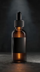 This is a clean, studio shot of a dark amber dropper bottle with a black cap and a blank black label. The bottle appears to contain a viscous liquid. It is centered against a dark.