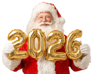 Transparent background christmas-themed image of a happy santa claus holding golden foil balloons with the text  2026 isolated