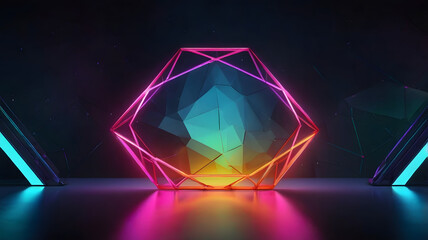 Futuristic geometric abstraction featuring a vibrant, glowing hexagonal crystal on a dark stage with neon lights