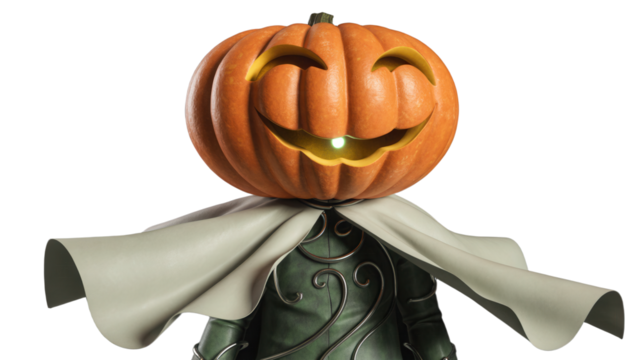Festive pumpkin head character with cape ready for Halloween celebration and holiday fun