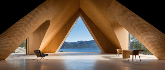 Modern attic interior with wooden triangular beams and large windows overlooking lake and mountains, creating peaceful atmosphere