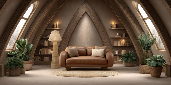 Cozy living room with brown leather sofa, warm lighting, wooden shelves, and lush green plants in modern rustic interior design - Powered by Adobe