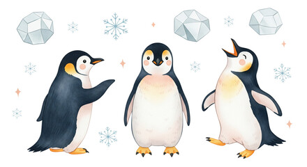 Naklejka premium A fun watercolor illustration of three adorable penguins surrounded by snowflakes and ice crystals. A cheerful winter concept.