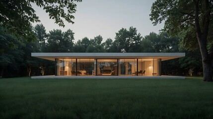 Ultra-realistic architectural photography of a modern minimalist house, villa, clean lines, large glass windows, surrounded by nature, cinematic lighting, perfect white balance