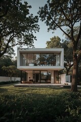 Ultra-realistic architectural photography of a modern minimalist house, villa, clean lines, large glass windows, surrounded by nature, cinematic lighting, perfect white balance