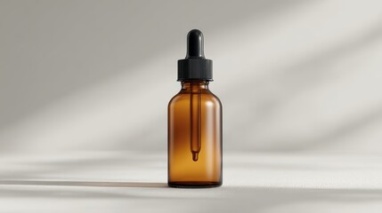 Naklejka premium A amber glass dropper bottle with a black cap sits centered on a white surface. The bottle contains a visible pipette with a drop of liquid at its tip. The background is a soft.