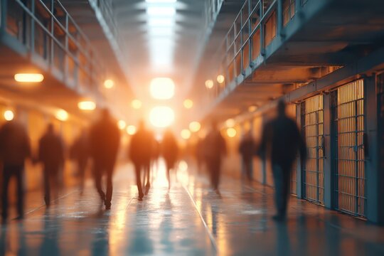 Silhouetted figures moving through a dramatic, glowing prison corridor.