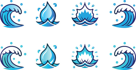 Obraz premium Set of water wave and droplet icons, representing fluid motion and purity
