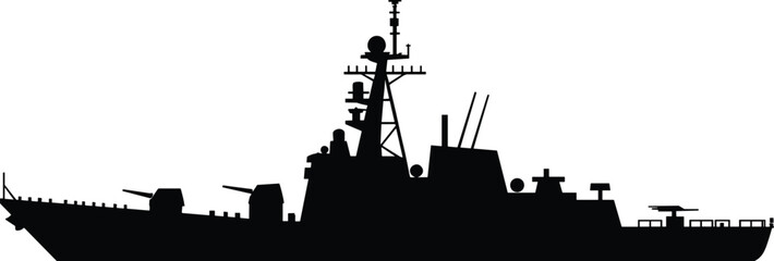 Military Warship Silhouette Vector Illustration with Antennas, Guns, Radar, and Naval Equipment Side View on White Background Design