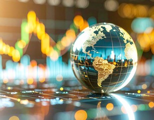 crystal globe reflecting economic trends and geographical insights on a chart