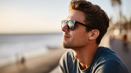 Young man in sunglasses relaxing and enjoying the sunset by the beach.