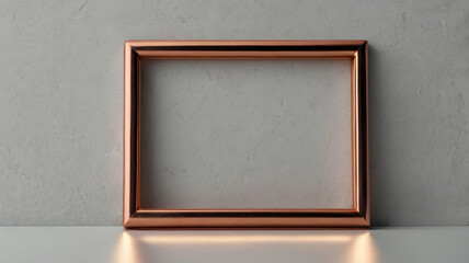 Elegant empty copper picture frame leaning against a concrete wall, a minimalist concept for mockup and presentation with copy space