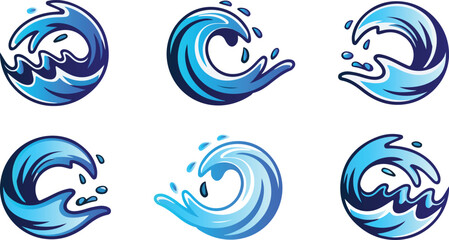 Collection of abstract blue water wave swirl and splash logo icons for design