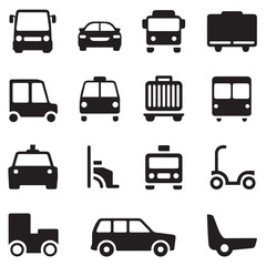 Collection of black silhouette icons representing various types of vehicles and transportation modes for modern design