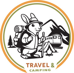 A rabbit mascot with backpack, hiking stick, campfire, tent, and mountain landscape. Perfect outdoor camping logo for adventure, hiking clubs, camping gear, eco travel, and tourism branding.