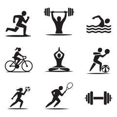 Set of Fitness and sport concept icons. Vector black silhouette. with white background