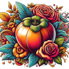 Vibrant Fusion of Fruits and Roses",
Floral Fantasy with Colorful Fruits, Exotic Garden of Blossoms and Harvest, generation IA.