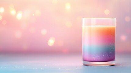 A vibrant, layered drink in a clear glass sits against a soft, colorful background filled with bokeh lights, ideal for themes of celebration, refreshment, or summer events