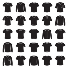Collection of black t shirts and long sleeve tops displayed on a white background in a grid pattern