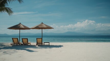 Fototapeta premium Two lounge chairs under beach umbrella on white sand beach