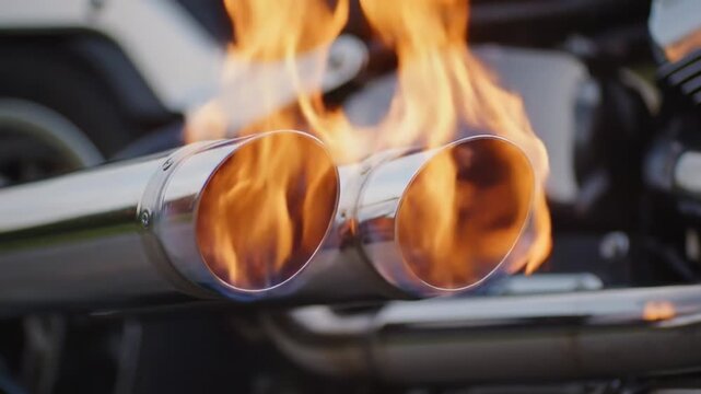Motorcycle Exhaust Flames Close-Up - Close-up shot of flames erupting from the chrome exhaust pipes of a motorcycle. The intense heat and bright orange flames are clearly visible.