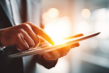 Business professional actively engaging with a sleek digital tablet device.