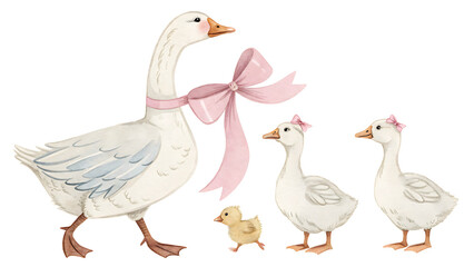 Watercolor goose family illustration with pink bows cute farm animals mother and baby geese clipart
