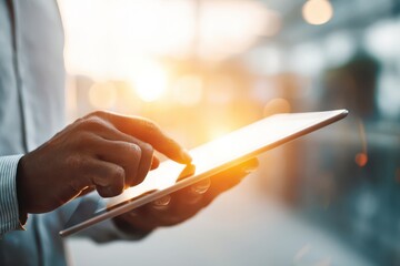 Modern tech in warm light: hands engaging with a digital tablet and bokeh.
