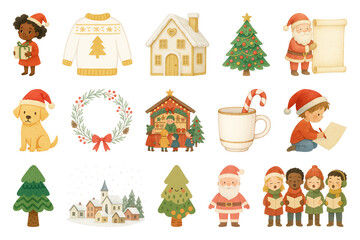 Naklejka premium PNG Festive Christmas cartoon elements, element set on transparent background