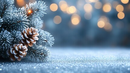 Frost - covered Pine Branches with Pine Cones and Bokeh Background for Christmas