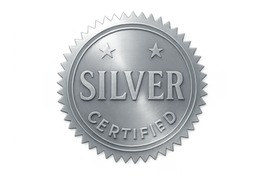 Silver certified metallic seal with two stars on transparent background