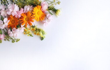 Flowers composition on white background. Flat lay, top view, copy space