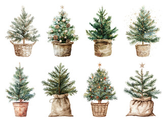 Fototapeta premium PNG Charming watercolor Christmas trees, element set on transparent background